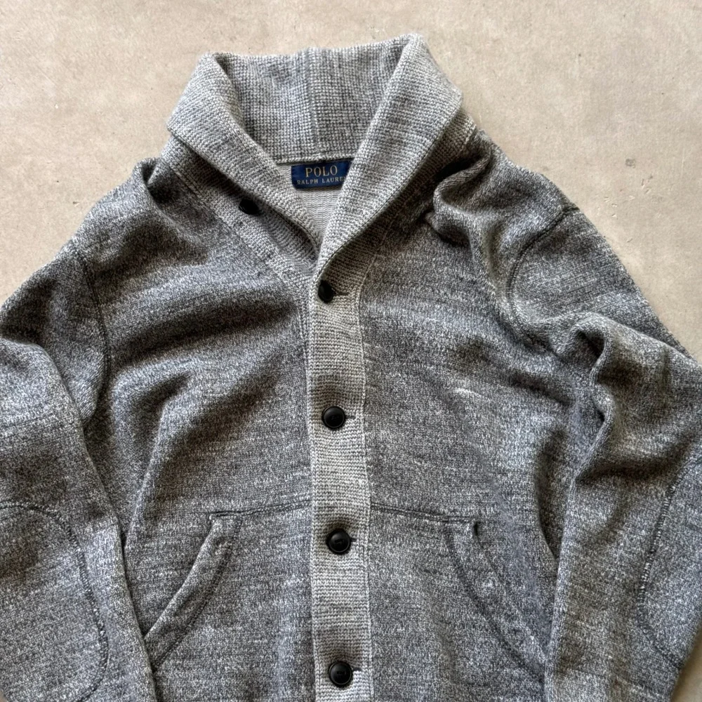 Polo Ralph Lauren Mens XS Grey Shawl Collar Cardigan Sweater Elbow Patches